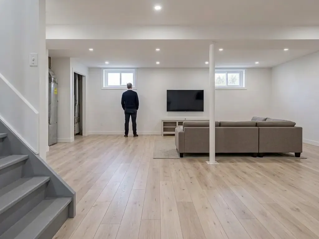 Sous-sol aménagé où une personne de dos regarde par la fenêtre, Laval