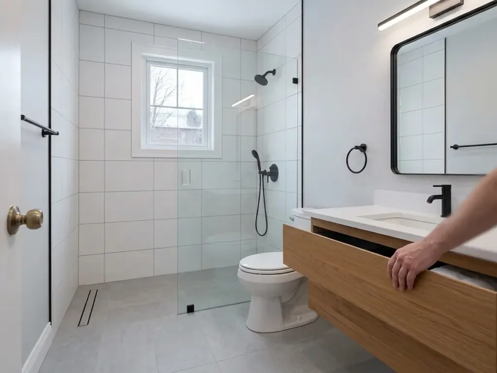 Salle de bain rénovée avec douche en céramique et une main ouvrant la vanité flottante, Longueuil