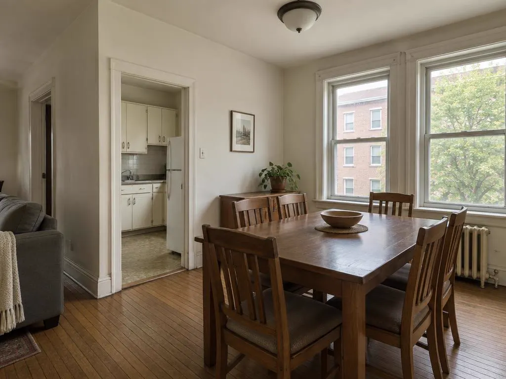 Salle à manger défraîchie avec cuisine fermée avant la rénovation, Villeray