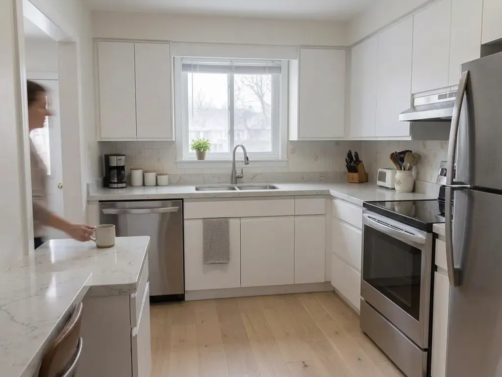 Même cuisine rénovée avec armoires blanches et une personne floue posant une tasse sur l'îlot, Rosemont